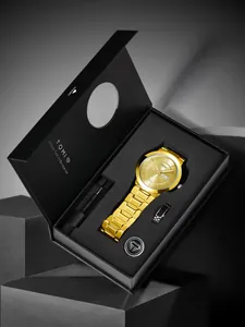 Luxury gold men's watch gift set with brooch and adjustment tool in premium box