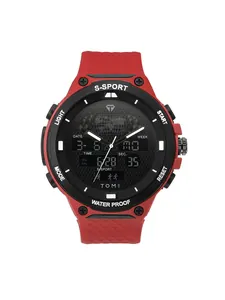 Vue de face de la montre de sport rouge TOMI pour hommes avec double affichage