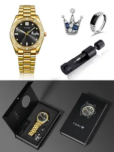 Détails du coffret cadeau montre homme TOMI en or avec bague et broche élégantes