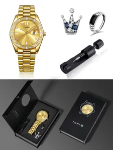 Vue détaillée du coffret montre homme TOMI dorée avec accessoires et boîte de luxe
