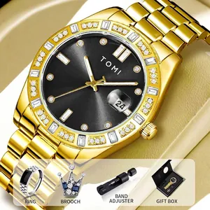 Coffret montre TOMI luxe pour homme dorée avec bague, broche et boîte cadeau