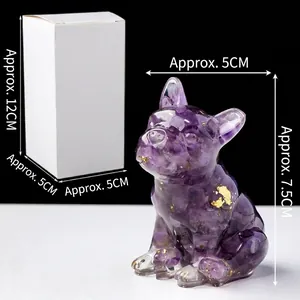 Französische Bulldogge Figur aus Amethyst-Harz mit Goldfolie und Verpackung