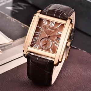 Montre à quartz carrée de luxe Chenxi pour homme avec bracelet en cuir marron doré