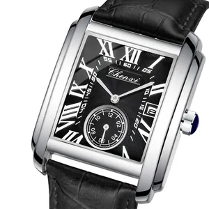 Montre à quartz rectangulaire pour homme avec bracelet en cuir noir et chiffres romains