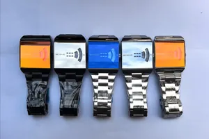 Detailed group view of colorful square dials and metallic steel bands on trendy watches
