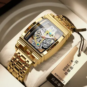 Montre Tonneau Homme Cadran Squelette Engrenage Étanche Lumineuse Bracelet Acier Inoxydable Cuir Bijoux Mode