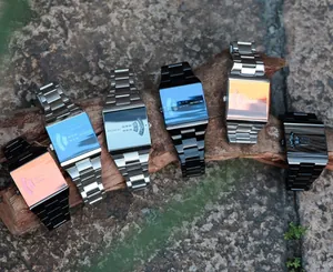 Collection of square men's quartz watches with stainless steel bands in various colors
