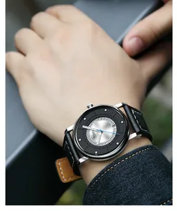Orologio di moda TOMI minimalista con cinturino in pelle nera e data sul polso