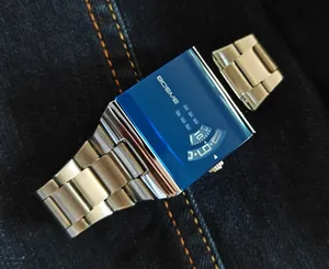 Detailed view of stylish men's square quartz watch with blue dial and stainless steel band