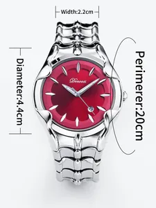 Montre homme style Y2K avec cadran rouge et bracelet argenté, dimensions