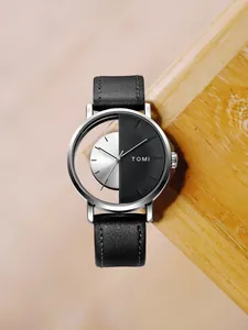 Kreative minimalistische TOMI Uhr mit Skelettzifferblatt und schwarzem Lederarmband