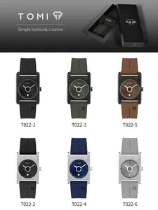 Vue détaillée des montres carrées TOMI en six couleurs avec bracelets en silicone