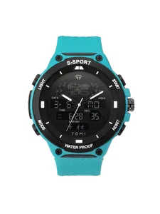 Détail de la montre de sport étanche TOMI à double affichage avec bracelet turquoise