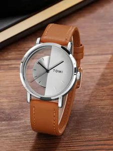 Detailansicht der TOMI Unisex-Uhr mit halbtransparentem Skelett-Zifferblatt und Lederarmband (91)