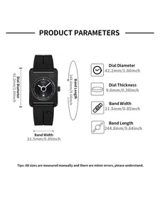 Détails des dimensions de la montre carrée TOMI noire en silicone