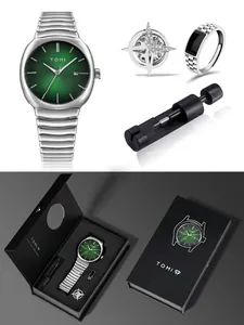Vue détaillée du coffret cadeau montre à quartz TOMI pour hommes avec cadran vert
