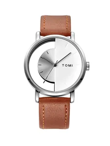 Minimalistische TOMI Skelett Quarzuhr mit braunem Lederband und silbernem Gehäuse