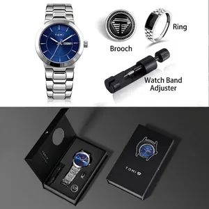 Professional men's watch and brooch gift box set including ring and band adjuster
