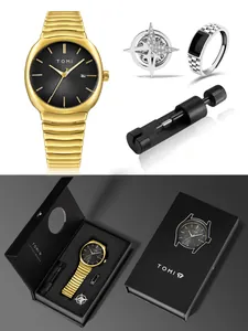 Vue détaillée du coffret cadeau de montre à quartz pour homme TOMI avec accessoires