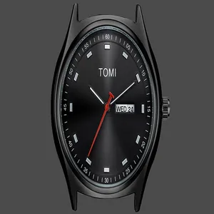 Nahaufnahme des minimalistischen TOMI-Zifferblatts mit Doppelkalender und rotem Sekundenzeiger