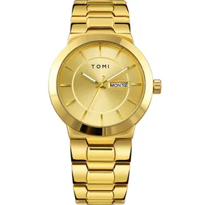 Minimalist gold men's quartz watch with a sunray dial and day-date display feature