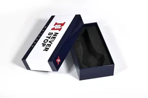 Detailed view of NS brand premium watch gift box with navy and white design
