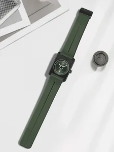 Montre de mode carrée TOMI avec bracelet en silicone vert foncé et dateur
