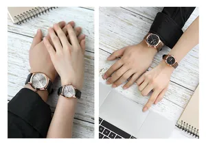 Detailansicht der TOMI minimalistischen Paaruhren mit Lederarmband und doppelter Kalenderanzeige