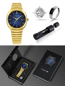 Coffret montre à quartz TOMI pour homme avec bracelet en métal doré et bagues de mode