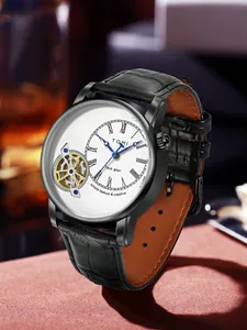 Orologio al quarzo da uomo TOMI Face Gear con cinturino in pelle nera e quadrante