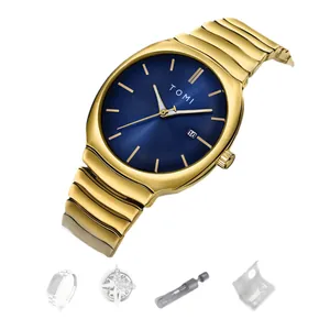 Coffret montre à quartz TOMI dorée pour homme avec cadran bleu effet soleil élégant