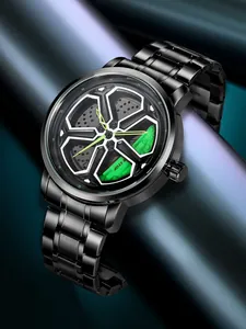 Close-up of black men's quartz watch featuring a unique car wheel hub rotating dial