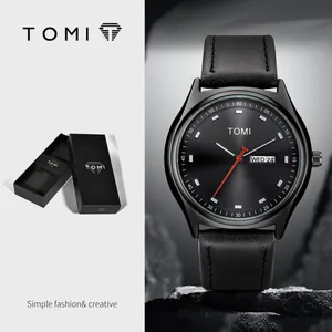 TOMI minimalist black leather watch with day-date display and gift box
