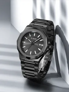 Detailed view of TOMI minimalist black steel business watch for men with date display