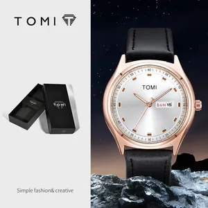 TOMI minimalist rose gold watch with black leather strap and double calendar