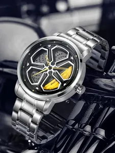 Macro view showing the unique rotatable car wheel hub dial on this men's steel band watch.