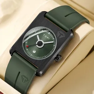 Montre calendrier carrée TOMI à la mode avec cadran vert et bracelet en caoutchouc vert