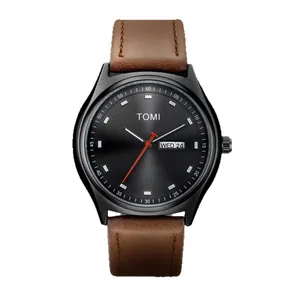 Stylish TOMI minimalist watch with brown leather strap and dual calendar display