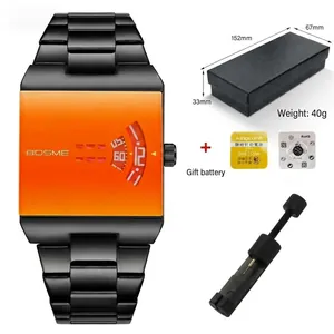 Fashion square men's quartz watch set including steel strap, gift box, and battery