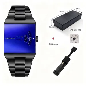 Detailed view of trendy square black steel watch with blue face, box, and tools.