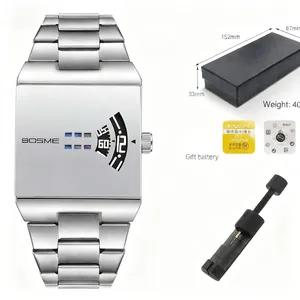 Square men's quartz watch with stainless steel strap, gift box, battery, and tool.