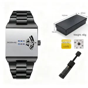 Men's fashionable square quartz watch set including steel band strap and watch tool kit