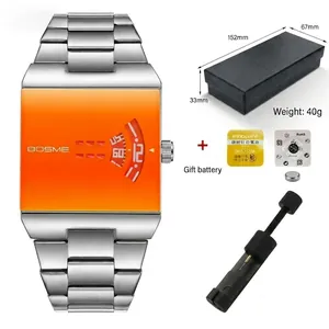 BOSME men's square quartz watch set with orange dial, steel band, gift box and tool.