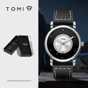 Orologio da polso TOMI moda minimalista con cinturino in pelle nera e quadrante data