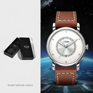 Orologio TOMI minimalista con cinturino in pelle marrone e datario.