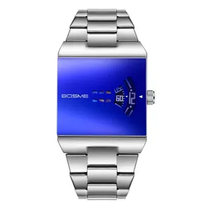 Luxury men's quartz watch featuring a square blue dial and silver stainless steel band