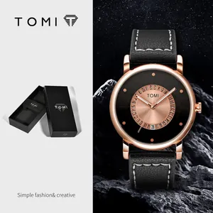 Orologio di moda TOMI minimalista in oro rosa con cinturino in pelle nera e data