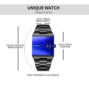 Unique square blue dial men's fashion quartz watch with black stainless steel band