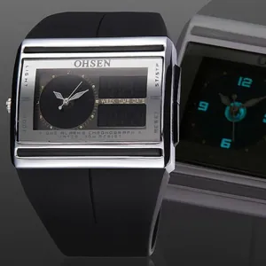 OHSEN dual display sports watch with black silicone strap and silver square face