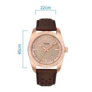 Montre à quartz TOMI pour homme avec lunette en or rose et cuir marron